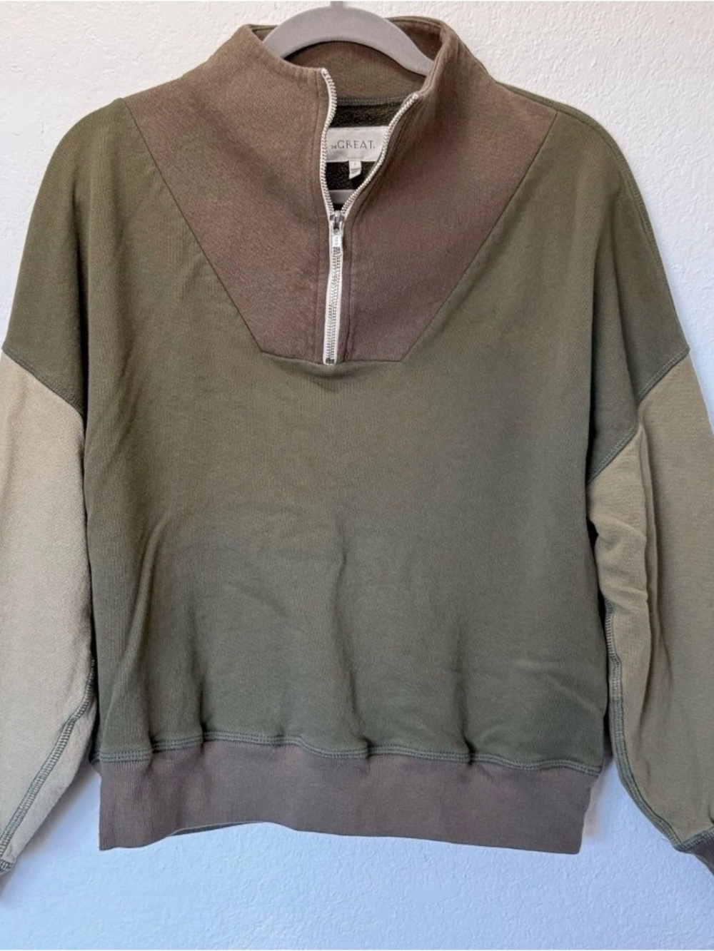THE GREAT. Olive Tone Colorblock Half-Zip Pullover 2/M - Picture 2 of 7